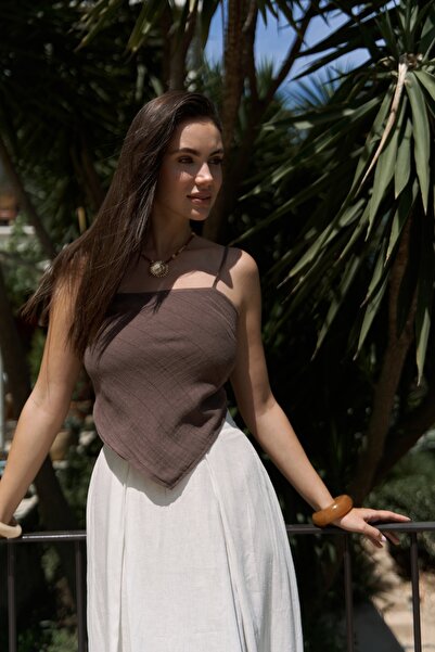 BOHEMAİ Kita Triangle Detail Striped Brown Linen Crop
