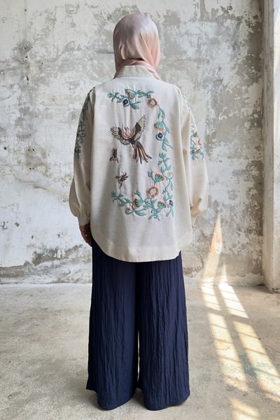 Hatun Atila Bird Embroidery Detailed Oversize τζιν μπουφάν 8823 - Μπεζ