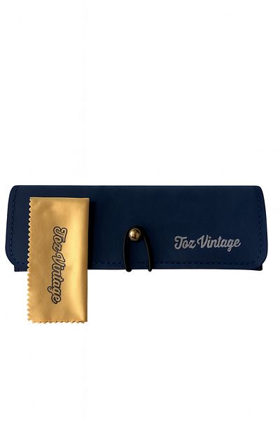 Toz Vintage Navy Blue Gold Accessories, Drawstring Leather Glasses Case and Glasses Cloth