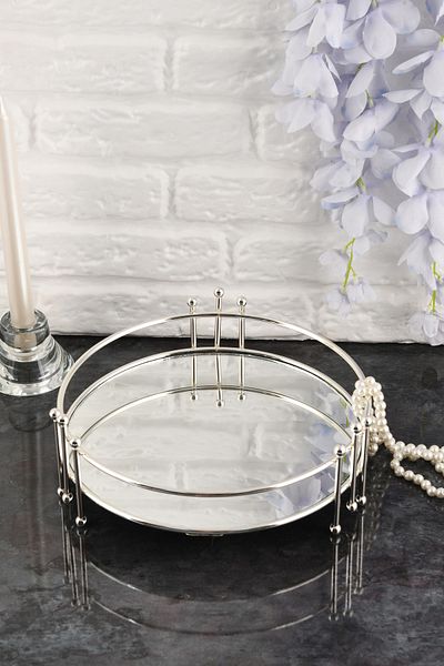 HELVACIOĞLU AKSESUAR Mirrored Wire Decorative Treat Tray, Coffee, Tea Presentation Tray 24 cm