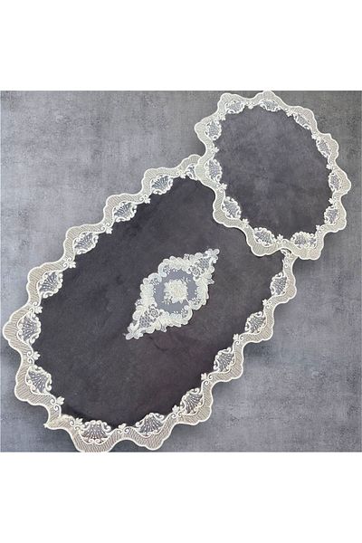 DECORA CASA HOME COLLECTİON Σετ 2 Προίκα Γαλλική Δαντελένια Σετ Καθίσματος Τουαλέτας Σετ Χαλιού Μπάνιου (60x100) και (50x60)