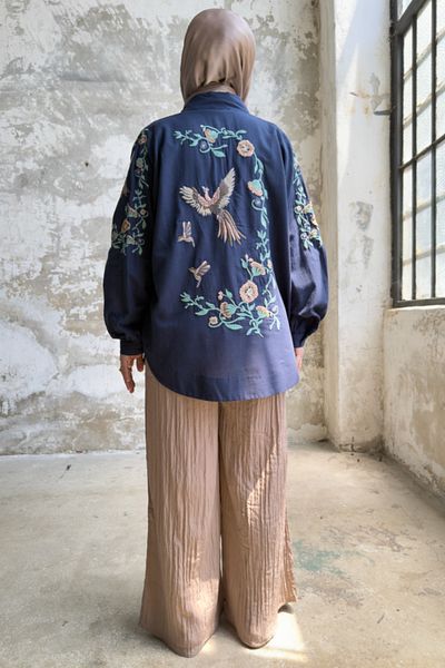 Hatun Atila Jachetă de blugi oversize cu detaliu broderie de pasăre 8828 - bleumarin