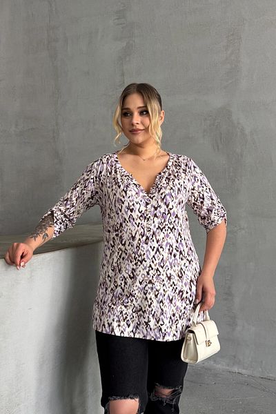 Stil Diva Plus Size V-Neck Button Front Lycra Blouse with Fold Detail on the Sleeves 1017