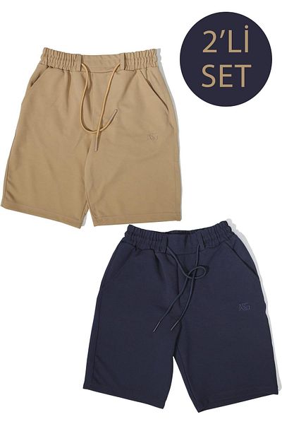 ASG TEKSTİL Set of 2 Beige-Navy Blue Color Dobby, Slim Fit Men's Shorts