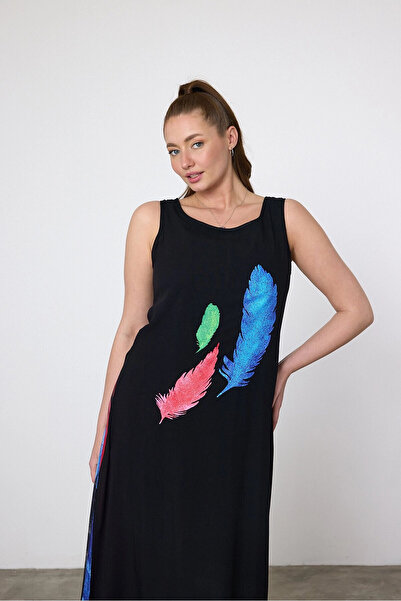 hazelin Γυναικείο φόρεμα με μοτίβο μαύρο μπλε πουπουλένιο με επένδυση από βισκόζη HZL25S-VM120251