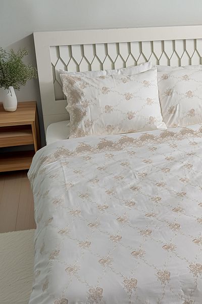 Nazik Home Iris Embroidered Cotton Satin Double 6 Piece Duvet Cover Set