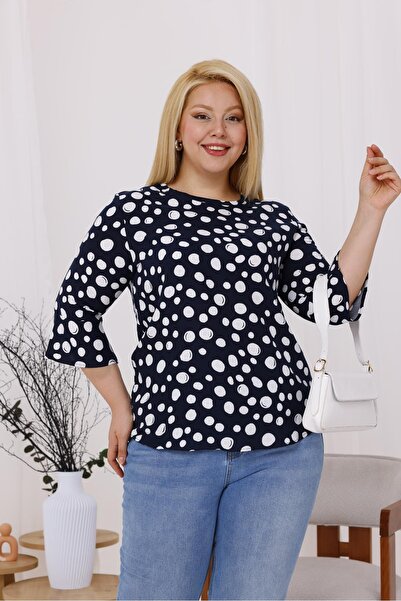 Siyezen Plus Size Flared Sleeves Polka Dot Blouse