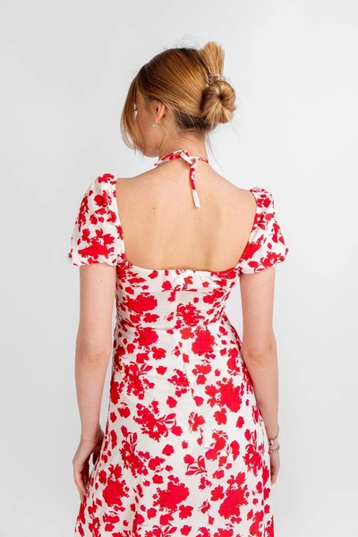 Bak Moda Floral Patterned Midi Length Lined Red Dress