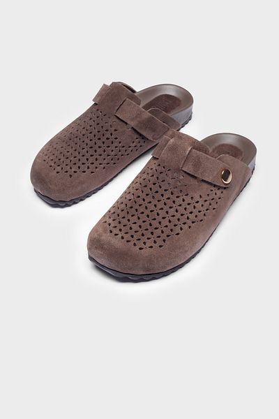 Milaura Women's Brown Suede Perforated Khaki Leather Slippers 20490