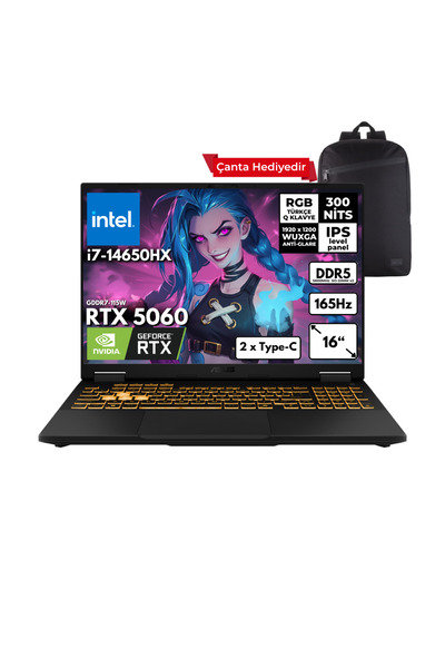 ASUS TUF F16 i7-14650HX 64GB 2 TBSSD RTX5060 (8GB) 16" Freedos + Sırt Çantası FX608JMR-RV024HMF8