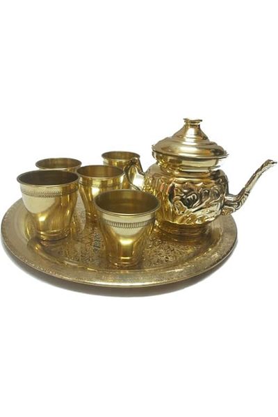 Generic Copper tea set for Ramadan decoration set of a pan and 5 cups of brass