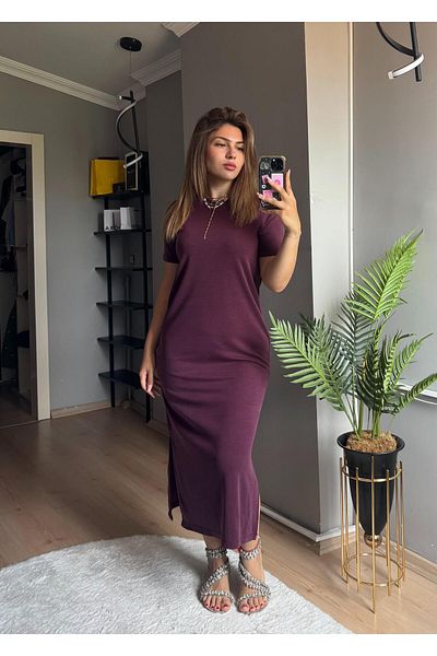 Qenz Slit Casual Modal Dress - Plum