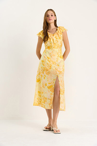 Bianco Lucci Kadın Yakası Fırfırlı Astarlı Yırtmaç Detaylı Çiçek Desenli Elbise 3064 60283462