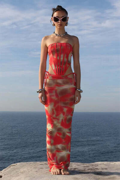 American Rag Cie Khloe Corsage: شيفون صيفي مطبوع بدون حمالات، حافة سفلية عالية ومنخفضة وتفاصيل متباينة