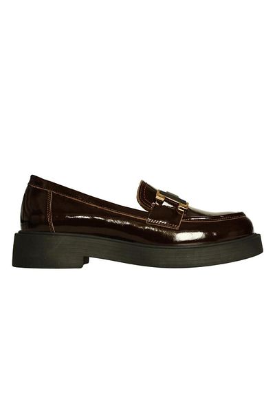 Platin Brown Patent Leather Women's Buckle Loafer