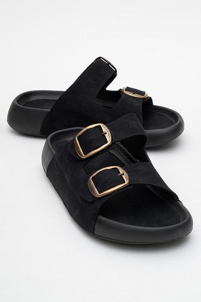 CCWAY AYAKKABI Men's Gold Buckle Slippers Black