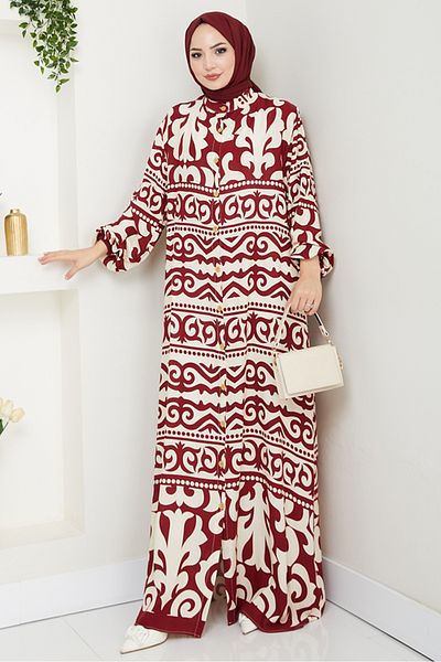Bestenur Φόρεμα με κουμπιά από υφαντό βισκόζη 1560 - Claret Red