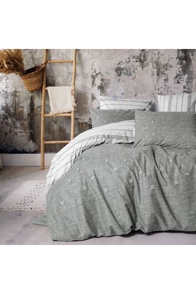 Cotton Box Bed Linen Set - Double with Embroidery Lines, Patara Gray