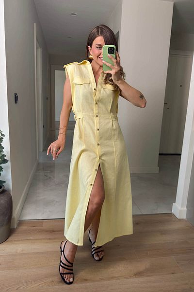 Sue Store Rochie cămașă din in cu detaliu curea galbenă