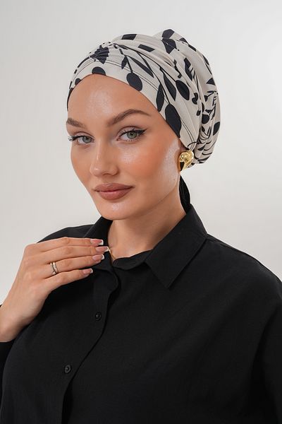MAG FASHİON Beige Patterned Hijab Bonnet Daily Use Sports Bonnet Practical Shawl