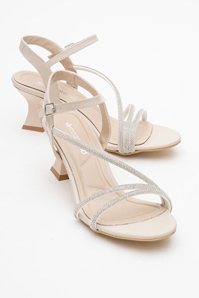 CCWAY AYAKKABI Women's Two Connecting Rod One Cross Stone Heeled Shoes Ten Skin