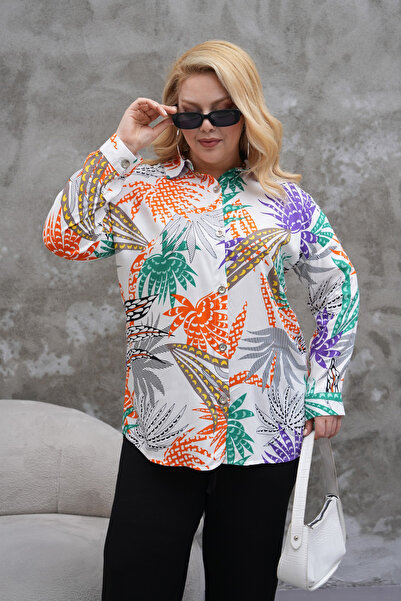 Polologin Butik Tropical Patterned White Viscose Tunic