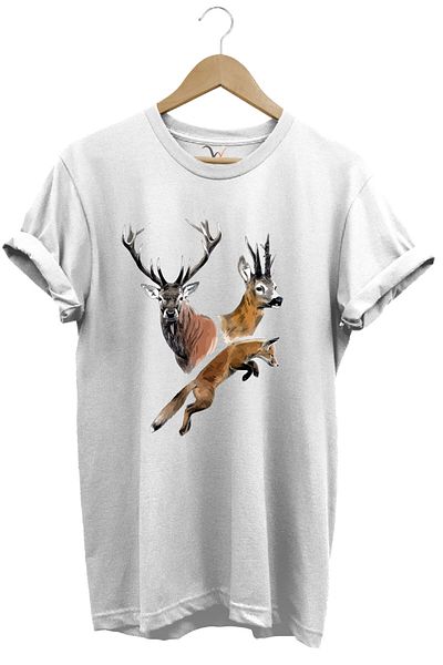 WİDİ Hunting Hunter Deer and Fox Printed 100% Cotton Regular Fit T-Shirt