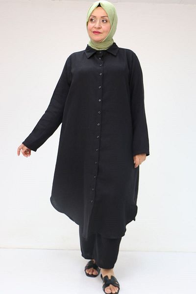 Eslina 57047 Large Size Muslin Trousers Set - Black