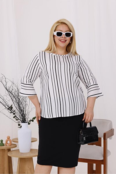 Siyezen Plus Size Striped Flared Sleeve Blouse