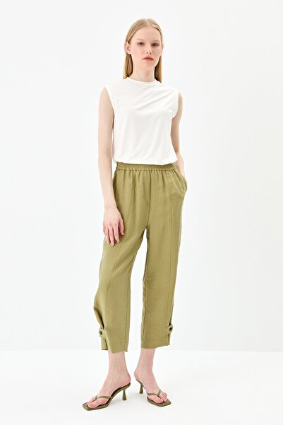 Nihan Paçası Düğmeli Pantolon Yeşil