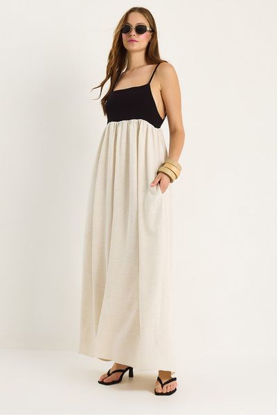 Bianco Lucci Women's Strap Back Detailed Pocket Lined Linen Dress De251069 60283464