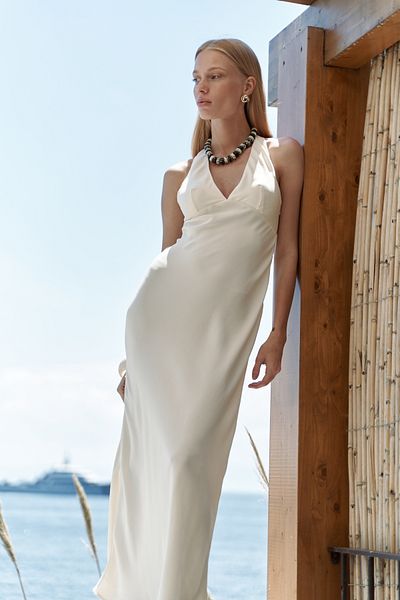 BOHEMAİ Guilia Low-Cut Long Ecru Satin Dress