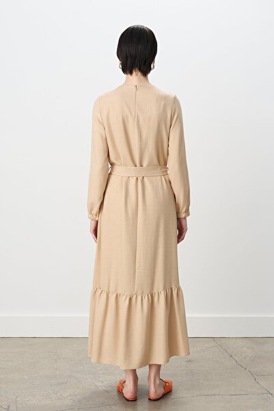 Nihan Kuşaklı Eteği Büzgülü Elbise Camel