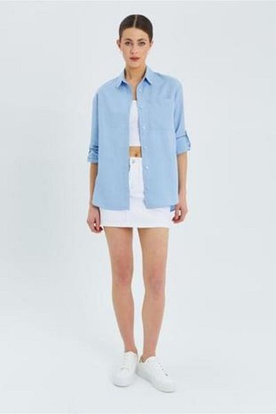 Mixray 9942 Women's Oxford Long Sleeve Basic Shirt Baby Blue