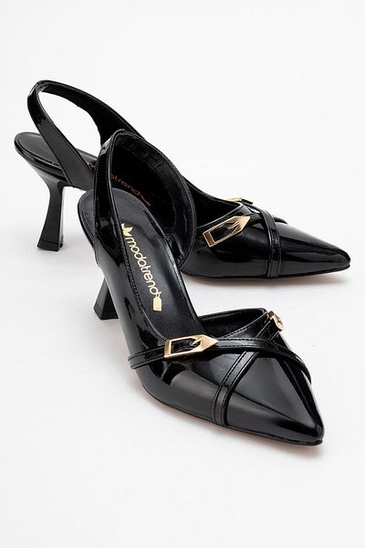 CCWAY AYAKKABI Women's Pointed Toe Open Shoes Black Patent Leather