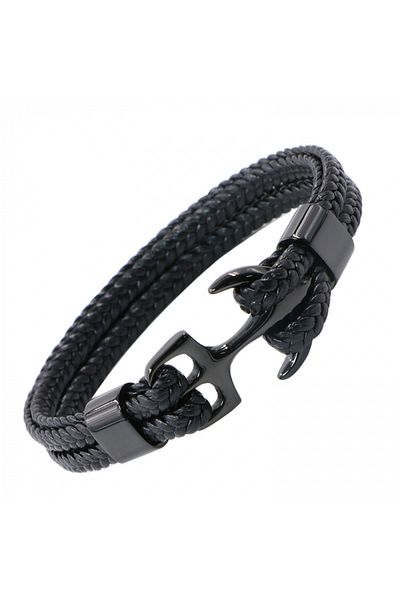 Tessero Bratara din piele naturala impletita, model si prindere cu ancora din otel inoxidabil, 20 cm, negru