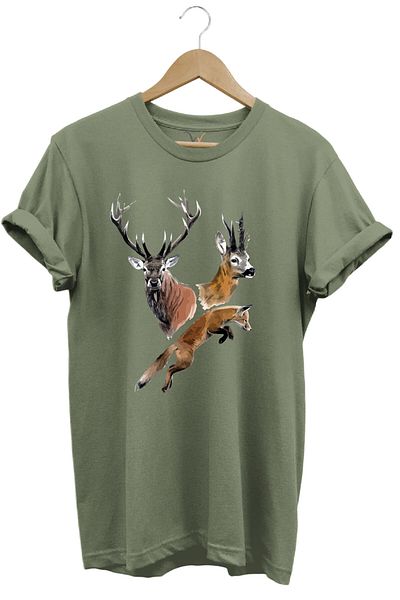 WİDİ Μπλουζάκι Hunting Hunter Deer and Fox με στάμπα 100% βαμβακερή κανονική εφαρμογή