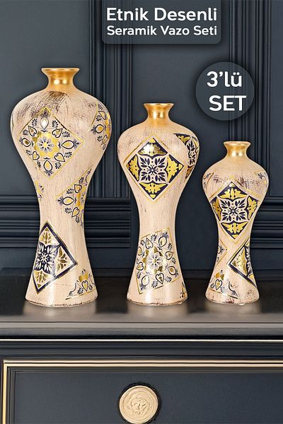 Meleni Home Σετ 3 βάζα Elegance - Διακοσμητικό βάζο με κεραμικό μπλε κίτρινο έθνικ σχέδιο