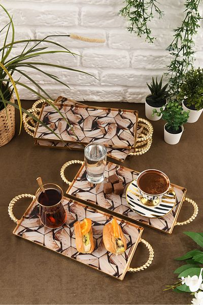 HELVACIOĞLU AKSESUAR 6 Pieces Coffee, Cake, Cake, Baklava, Cookies, Tea Presentation Tray with Handles 12X25 cm Gold