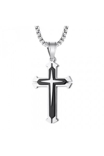 Tessero Double effect cross pendant necklace, silver plated, unisex, Tessero, black