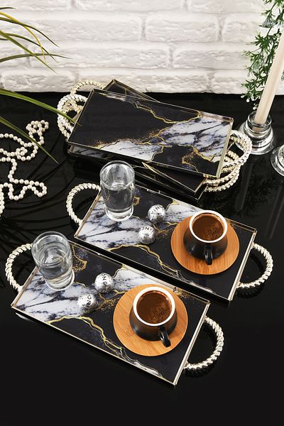HELVACIOĞLU AKSESUAR 6 Pieces Coffee, Cake, Cake, Baklava, Cookies, Tea Presentation Tray with Handles 12X25 cm Silver