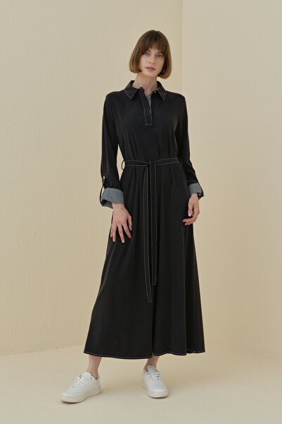 Nihan Gömlek Yaka Kol Detaylı Örme Elbise Siyah