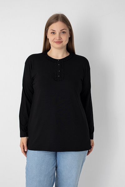 Orly More Viscose Fabric Mini Slit Plus Size Long Sleeve Mother Combed Cotton Blouse with Collar and Button Detail