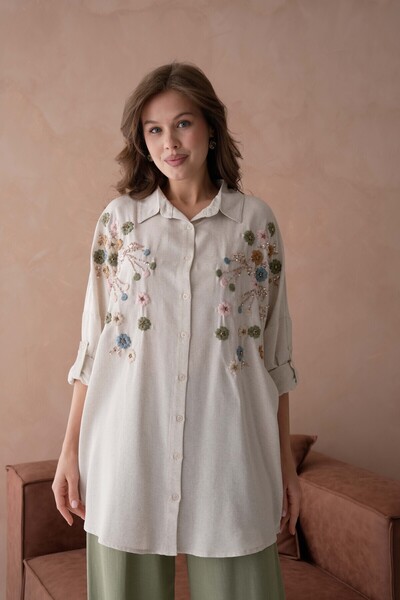MVStore Women's Patterned Embroidery Embroidered Linen Oversize Standard Size Shirt and Trousers