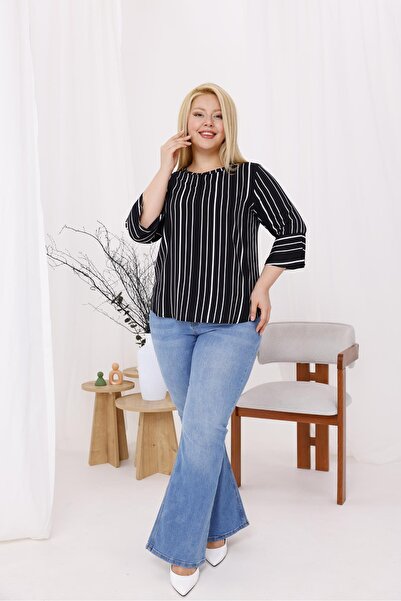 Siyezen Plus Size Striped Flared Sleeve Blouse