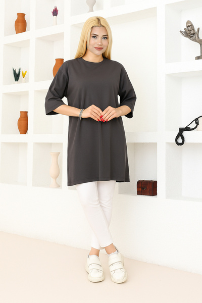 nacar çarşı Kadın Füme Oversize Tunik Tişört – Yarım Kollu, Yuvarlak Yaka, Ra...