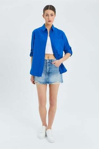 Mixray 9942 Women's Oxford Long Sleeve Basic Shirt Blue