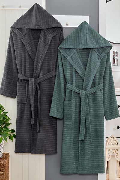 Eponj Home Μπουρνούζι με κουκούλα 2 τεμαχίων Nature Anthracite - Çağla Yeşil
