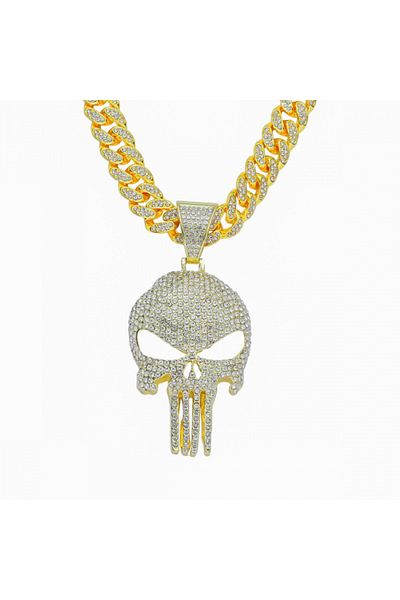 Tessero Lant model Cuban Chain cu pandantiv Hip Hop cap de mort, pietre zirconiu, placat cu aur 18K, unisex,