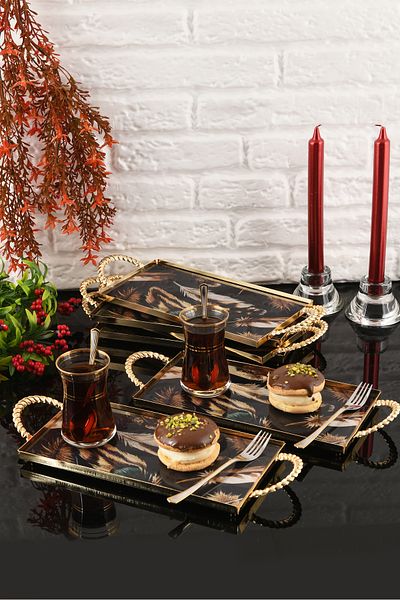 HELVACIOĞLU AKSESUAR 6 Pieces Coffee, Cake, Cake, Baklava, Cookies, Tea Presentation Tray with Handles 12X25 cm Gold